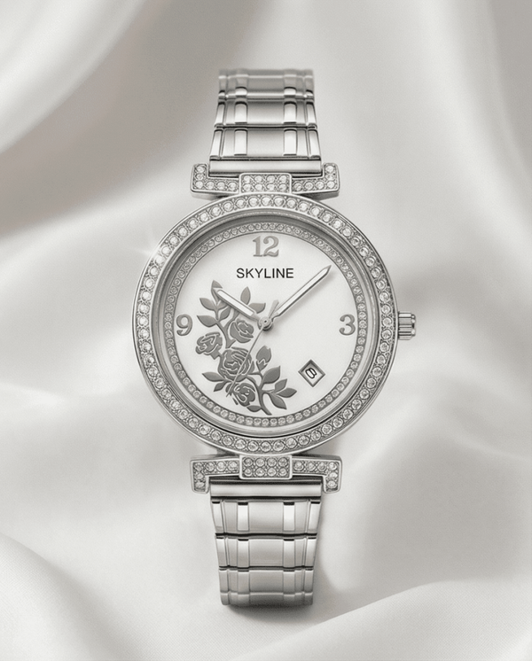 Reloj de Mujer SKYLINE Plateado con Circonitas y Rosas | Acero Inoxidable