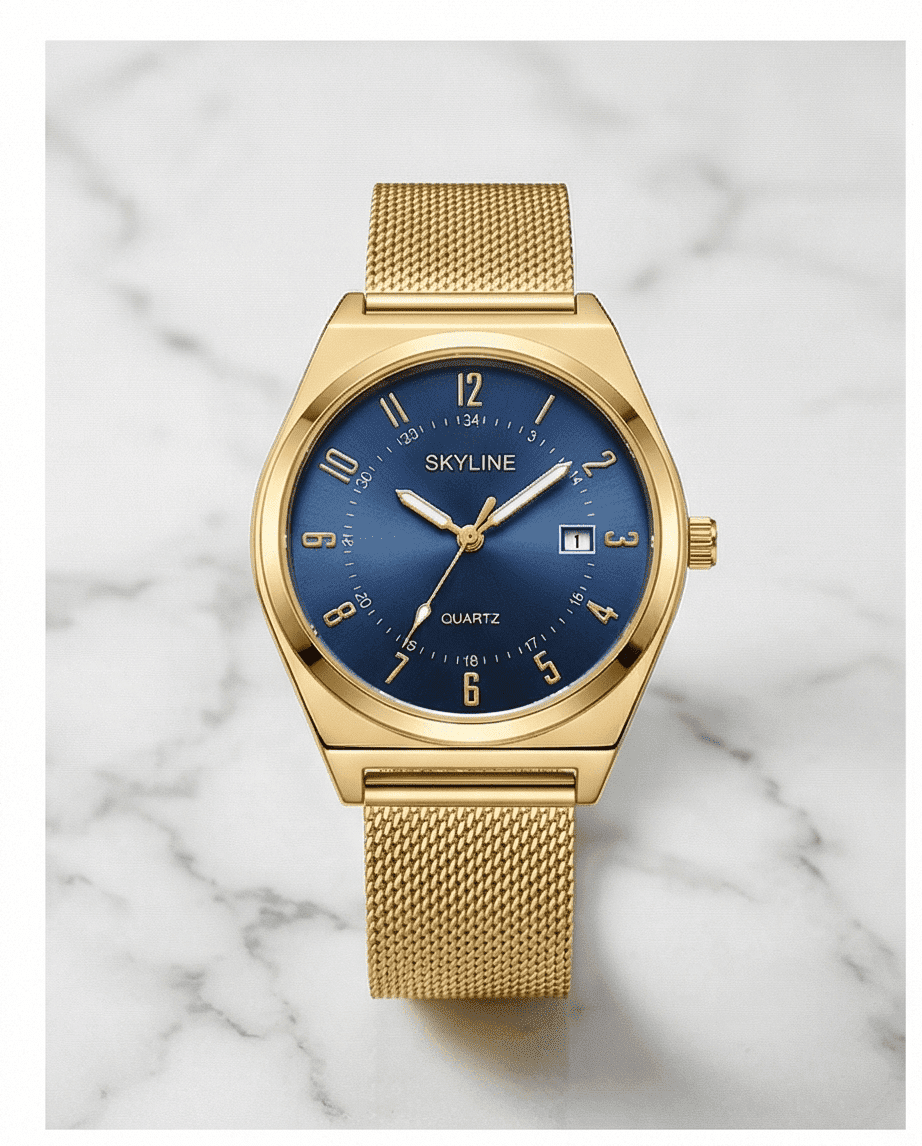 Reloj Elegante Mujer Dorado con Esfera Azul – SKYLINE Malla Milanesa