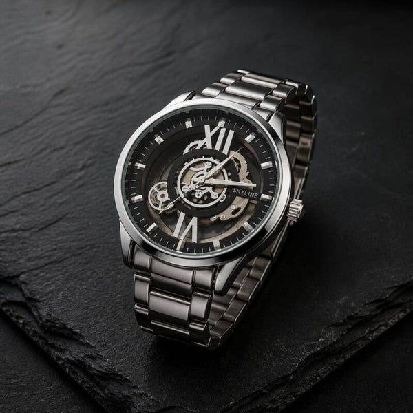 Reloj Skeleton Acero Plata - Esfera negro elegante GENEVE