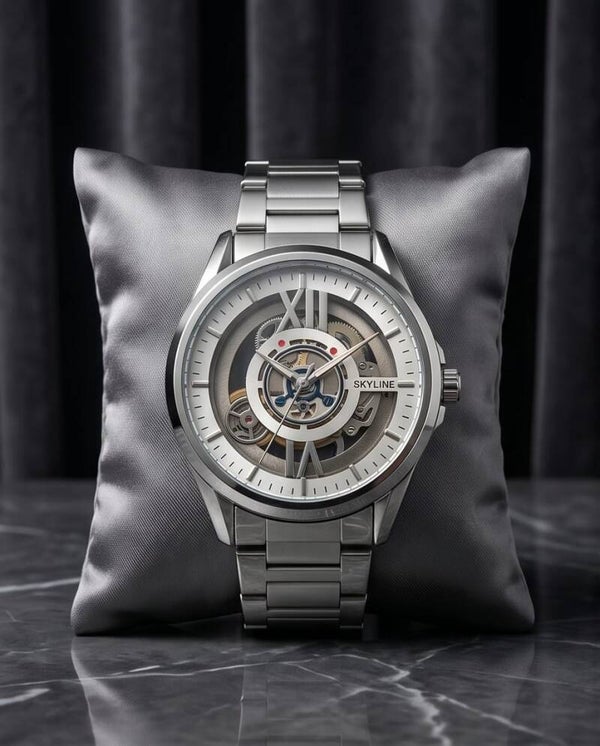 Reloj Skeleton Acero Plata Esfera Blanca elegante GENEVE