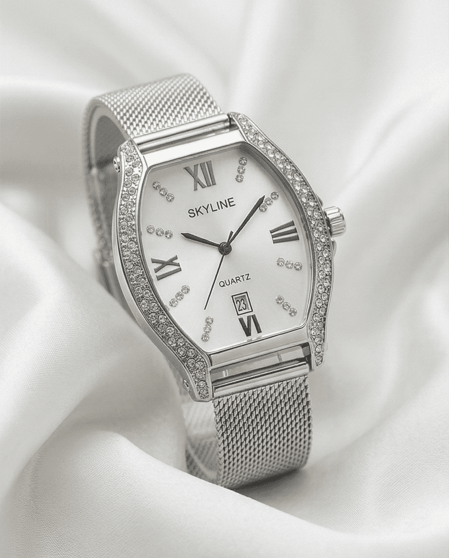 Reloj Elegante Mujer Plateado con Cristales – SKYLINE Tonneau