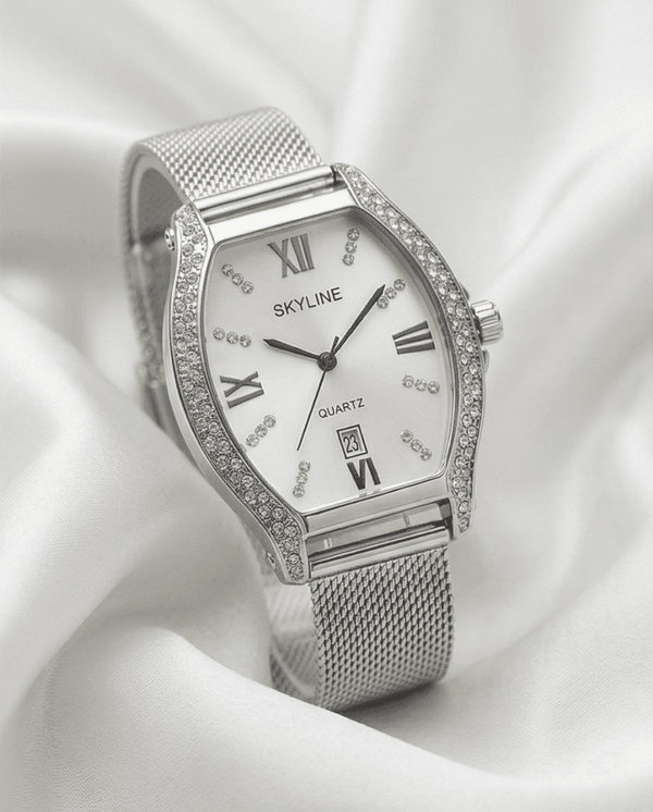 Reloj Elegante Mujer Plateado con Cristales – SKYLINE Tonneau