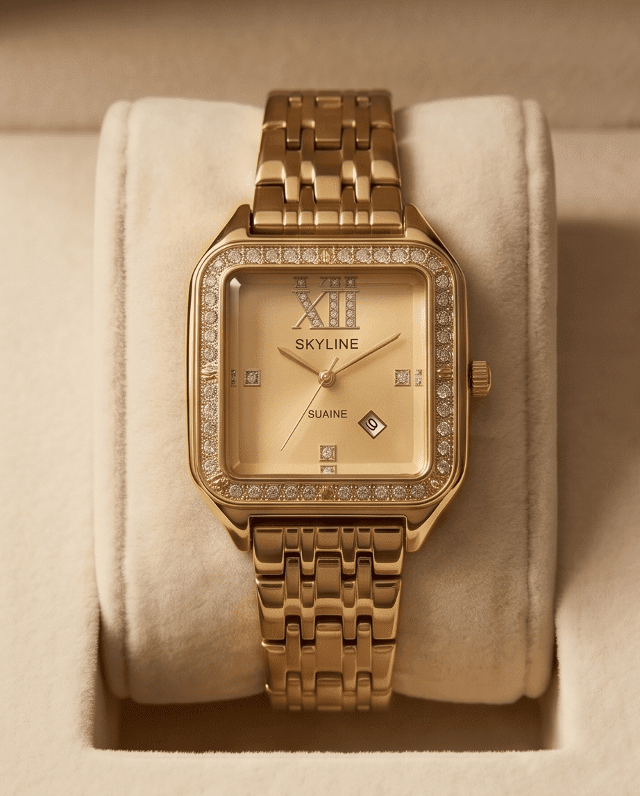 Reloj SKYLINE Dorado Cuadrado con Cristales – Elegancia que brilla