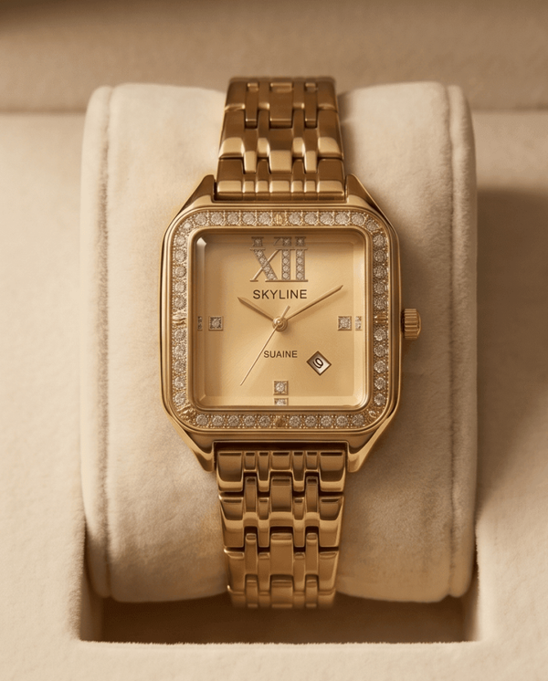 Reloj SKYLINE Dorado Cuadrado con Cristales – Elegancia que brilla