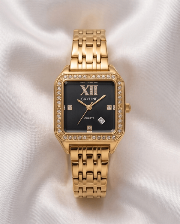 Reloj SKYLINE Negro Cuadrado con Cristales – Elegancia que brilla