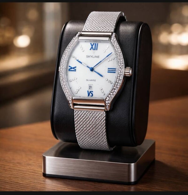 Reloj Elegante Mujer Plateado con Cristales – SKYLINE Tonneau