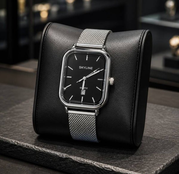 Reloj Skyline clasic Hombre Acero Plata – Diseño Rectangular Minimalista y Elegante
