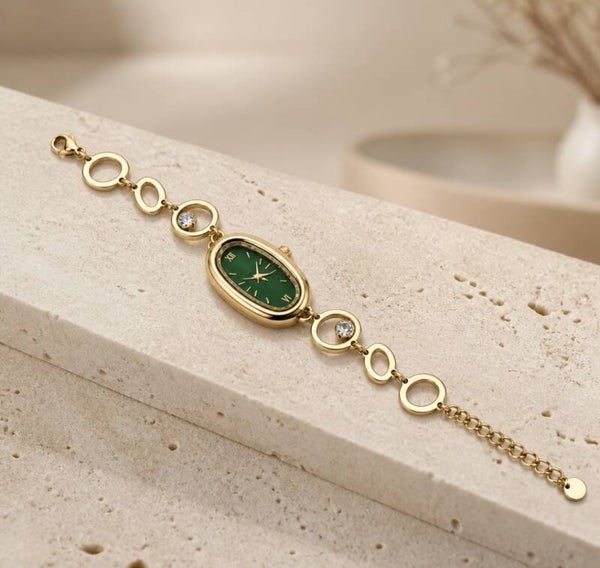 Reloj Oval Chapado en Oro 18K — Esfera Verde Esmeralda