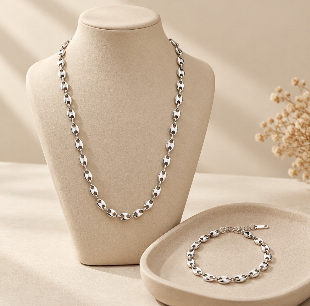Conjunto de Cadena y Pulsera Eslabón Grano de Café en Acero 316L