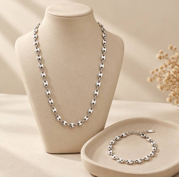 Conjunto de Cadena y Pulsera Eslabón Grano de Café en Acero 316L