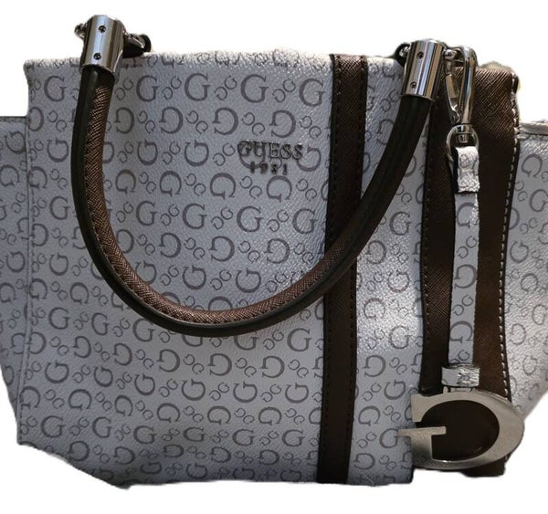 Guess 1981 Logo Satchel Tote Brown & White Monogram Purse
