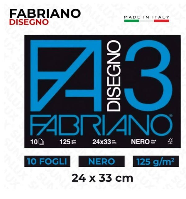 Fabriano F3 Disegno 24x33 Nero 125gr 10 Fogli