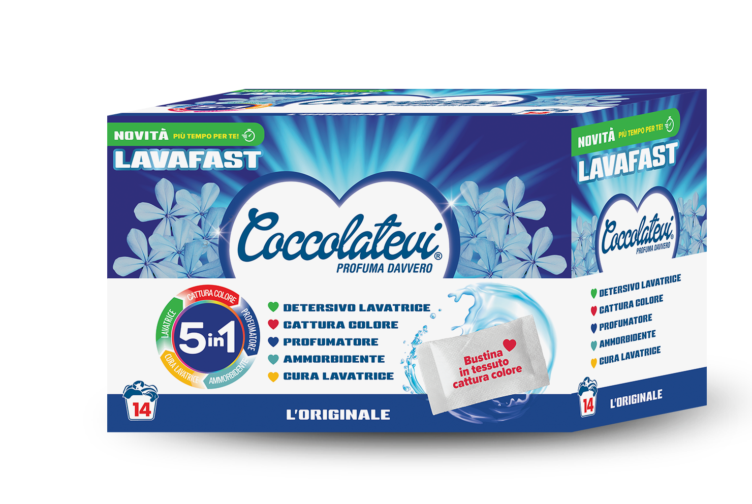 Coccolatevi Lavafast 5in1 Detersivo Lavatrice in Bustine Monodose, Ammorbidente, Profumatore, Cattura Colore e Cura Lavatrice  L'originale pz 14