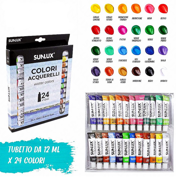Sunlux Acquerelli in Tubetto 24 Colori x 12ml