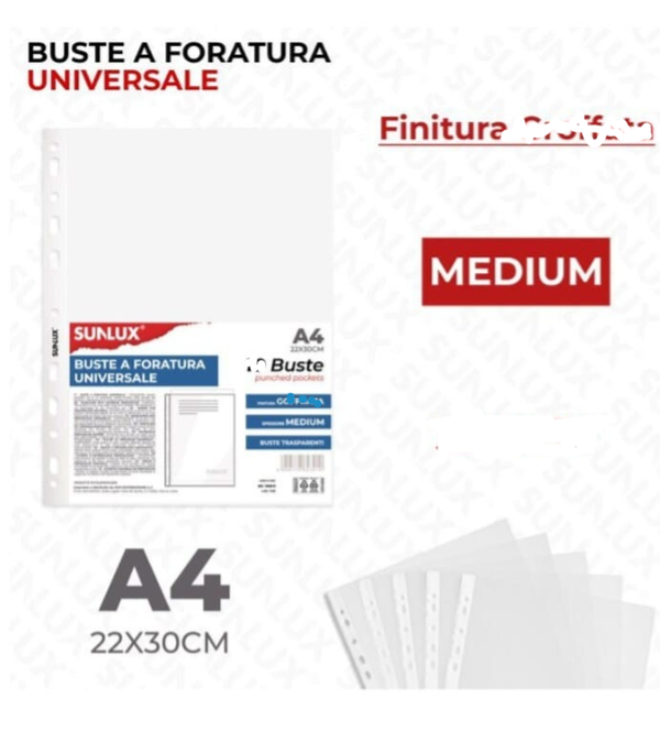 Sunlux Buste a Foratura A4 22x30 Finitura Liscia 50 Buste