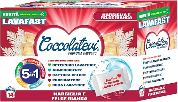 Coccolatevi Lavafast 5in1 Detersivo Lavatrice in Bustine Monodose, Ammorbidente, Profumatore, Cattura Colore e Cura Lavatrice  Prof Marsiglia e Felce Bianca pz 14