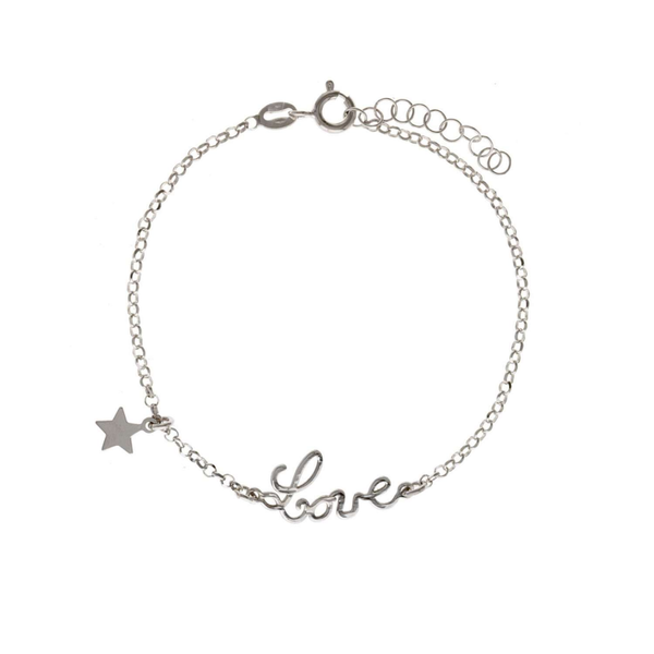 Bracciale Argento 925 Rodiato Catena Diamantata con Scritta Love e Stellina Pendente - cm 17 + est cm 2
