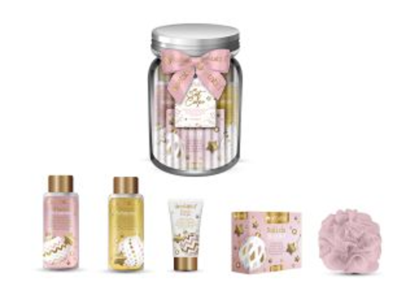 Set Regalo Corpo 5 Pezzi alla Lavanda in Barattolo di Vetro – Kit Beauty con Bagnoschiuma, Crema Corpo e Sali da Bagno