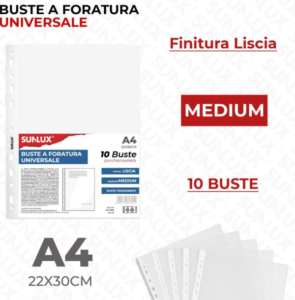 Sunlux Buste a Foratura A4 22x30 Finitura Liscia 10 Buste