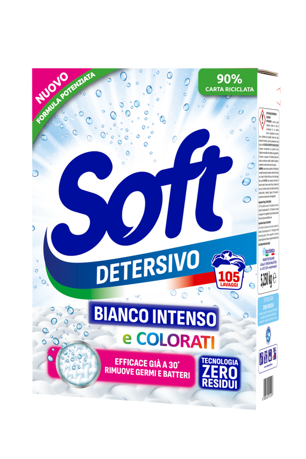 Soft Detersivo Polvere per lavatrice Bianco Intenso e Colorati 105 Lavaggi