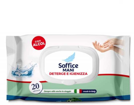 Soffice Mani Salviette Umidificate Deterhe e Igienizza con Alcool 20pz