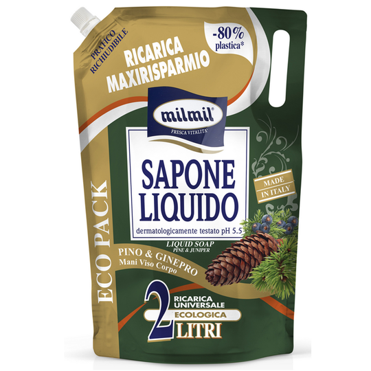 Mil Mil Sapone Liquido Ricarica Mani Viso e Corpo Pino e Ginepro 2L