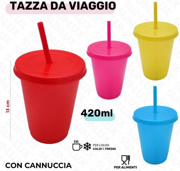 Sunlux Bicchiere da Viaggio con Cannuccia 420ml Per Liquidi Caldi e Freddi
