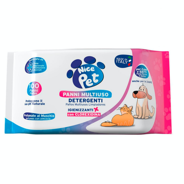 Nice Pet Salviette Imbevute Cani e Gatti 100 Salviette Con Clorexidina