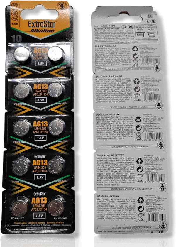 EXTRASTAR 10 BATTERIE A BOTTONE PILE AG13 1,5v SR44 LR44 LR1154 357 SR1154