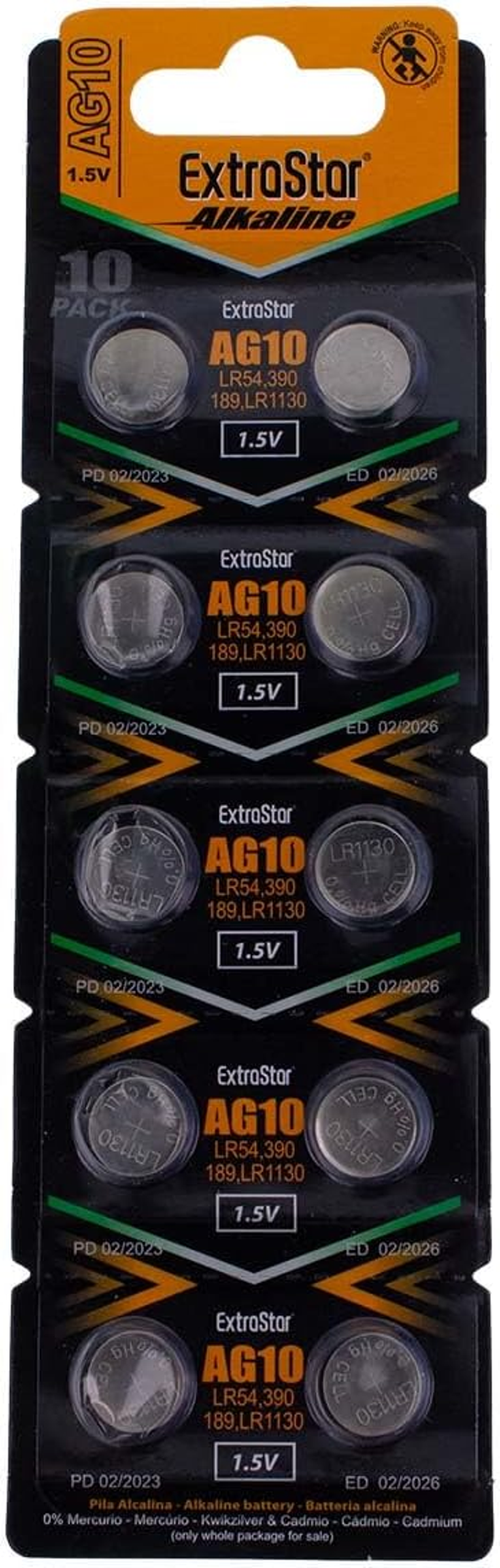 EXTRASTAR 10 BATTERIE A BOTTONE PILE ALKALINE AG10 1,5v LR1130 389 SR54 SR1130 LR54