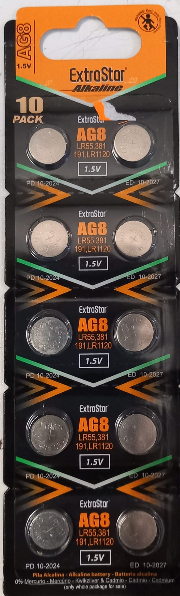 EXTRASTAR 10 BATTERIE A BOTTONE PILE ALKALINE AG8 1,5v LR1130 389 SR54 SR1130 LR54