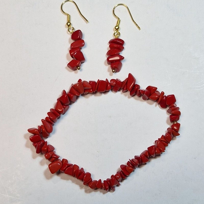 Armband en bijpassende oorbellen Bamboe Koraal