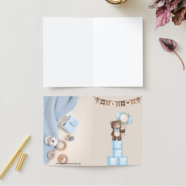 ✉️ "Welcome Baby - Beige blau" – Selbstdesignte A5 Klappkarte - personalisierbar