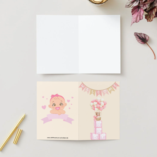 ✉️"Welcome Baby - beige, rosa" – Selbstdesignte A5 Klappkarte - personalisierbar