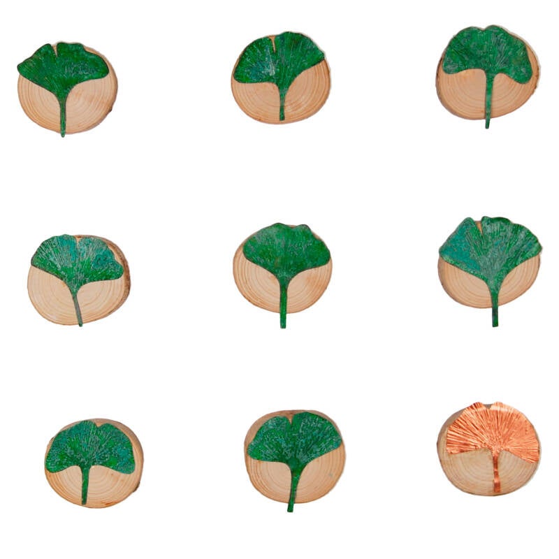 9 houten plakken van een tak waarop verschillende vormen van het ginkgo blad - 8 groen gepatineerd en 1 koperkleurig -  zijn bevestigd. Oorbellen in de vorm van een ellipsvormigblad en waterdruppel. Goud. Handgemaakt  door  Marlies van Velzen.