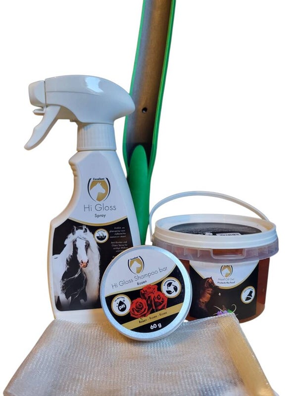 Set :  Hi Gloss Spray, Hoof Oil Gel, Shampoobar, zweetmes + GRATIS schuimnetje