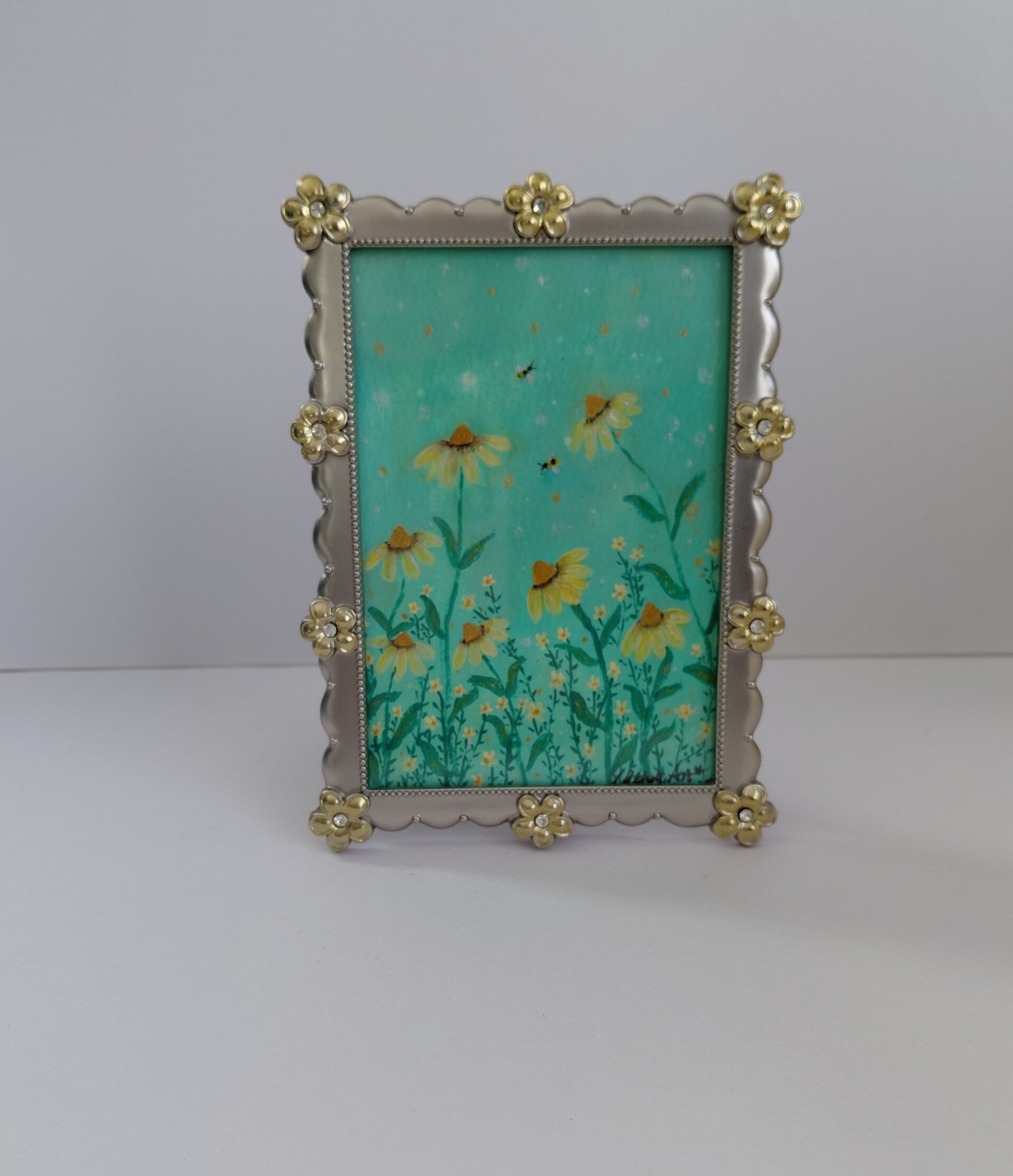 "Yellow daises and bees" Original acrylic framed miniature painting