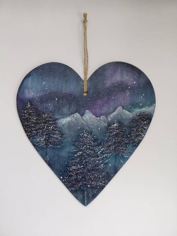 "Mystical Mountains" Original acrylic painting on wooden heart