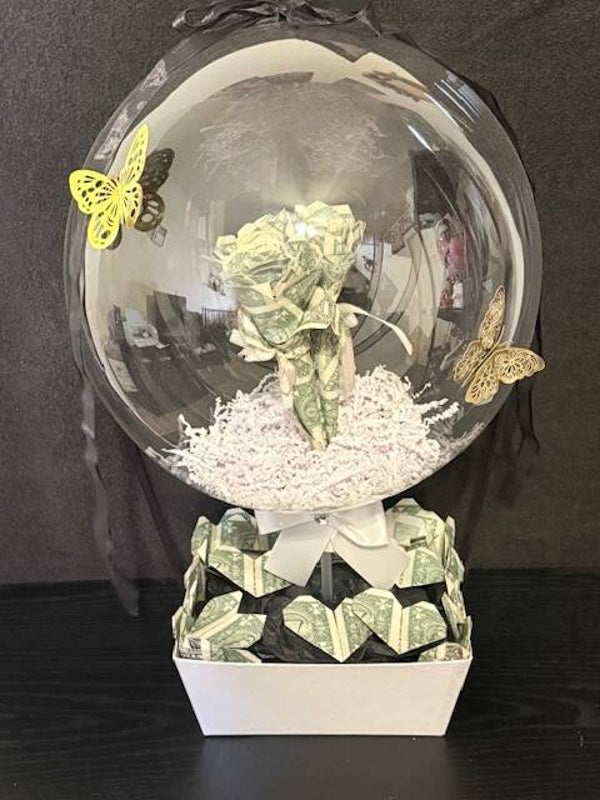 Bobo balloon with real money flowers