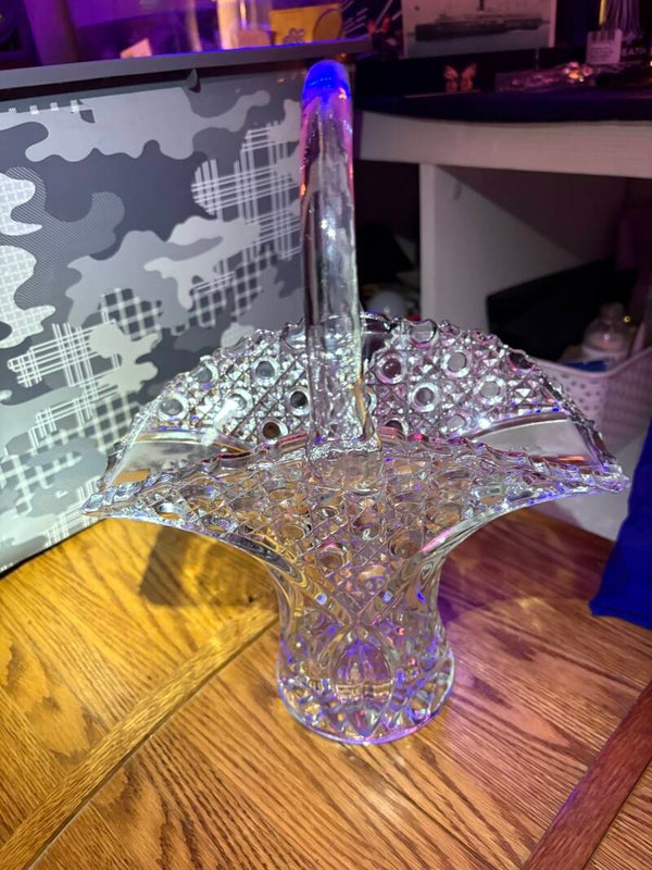 vintage pressed glass/cut glass style handled basket dish