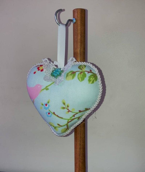 CRAFT FABRIC HEART - Pale Blue with pink bird