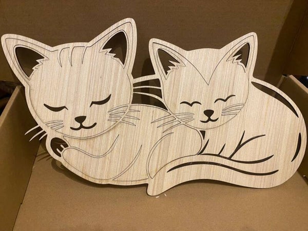 Déco DEUX CHATS endormis découpés dans le bois