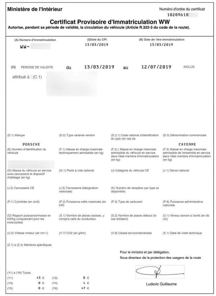 Immatriculation provisoire WW