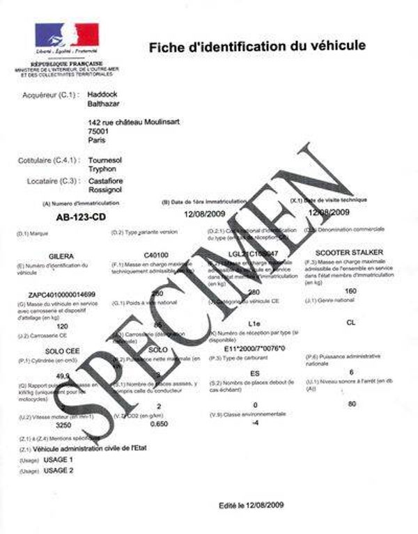 Fiche d'identification d'un véhicule