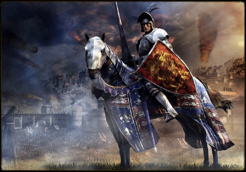 Caballero Medieval a losmos de su caballo con su armadura ,lanza y escudo