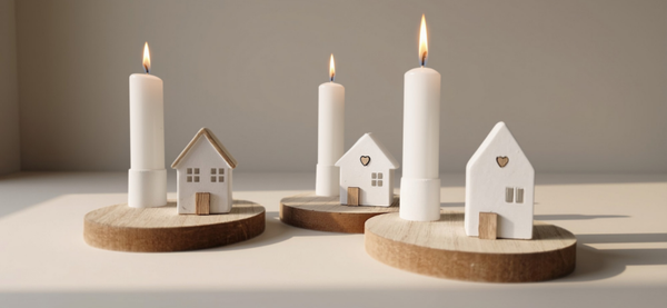 Houten decoratieplank met porseleinen huisje en kaarshouder