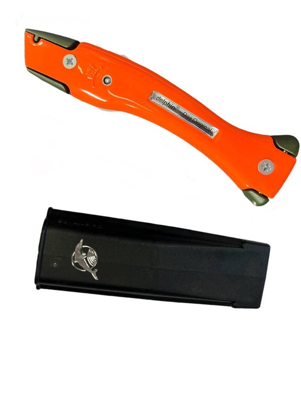 Delphin mes Orginal olijfgroen signal oranje inclusief houder en mesje