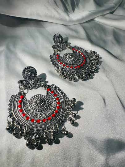Oxidised Silver Jhumka Earrings with Red Beads