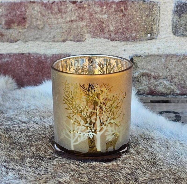 Windlicht bos en hert goud groot