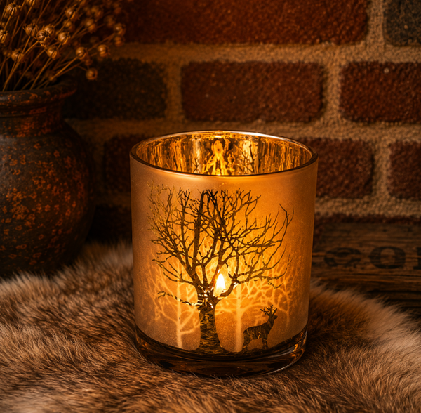 Windlicht bos en hert goud groot